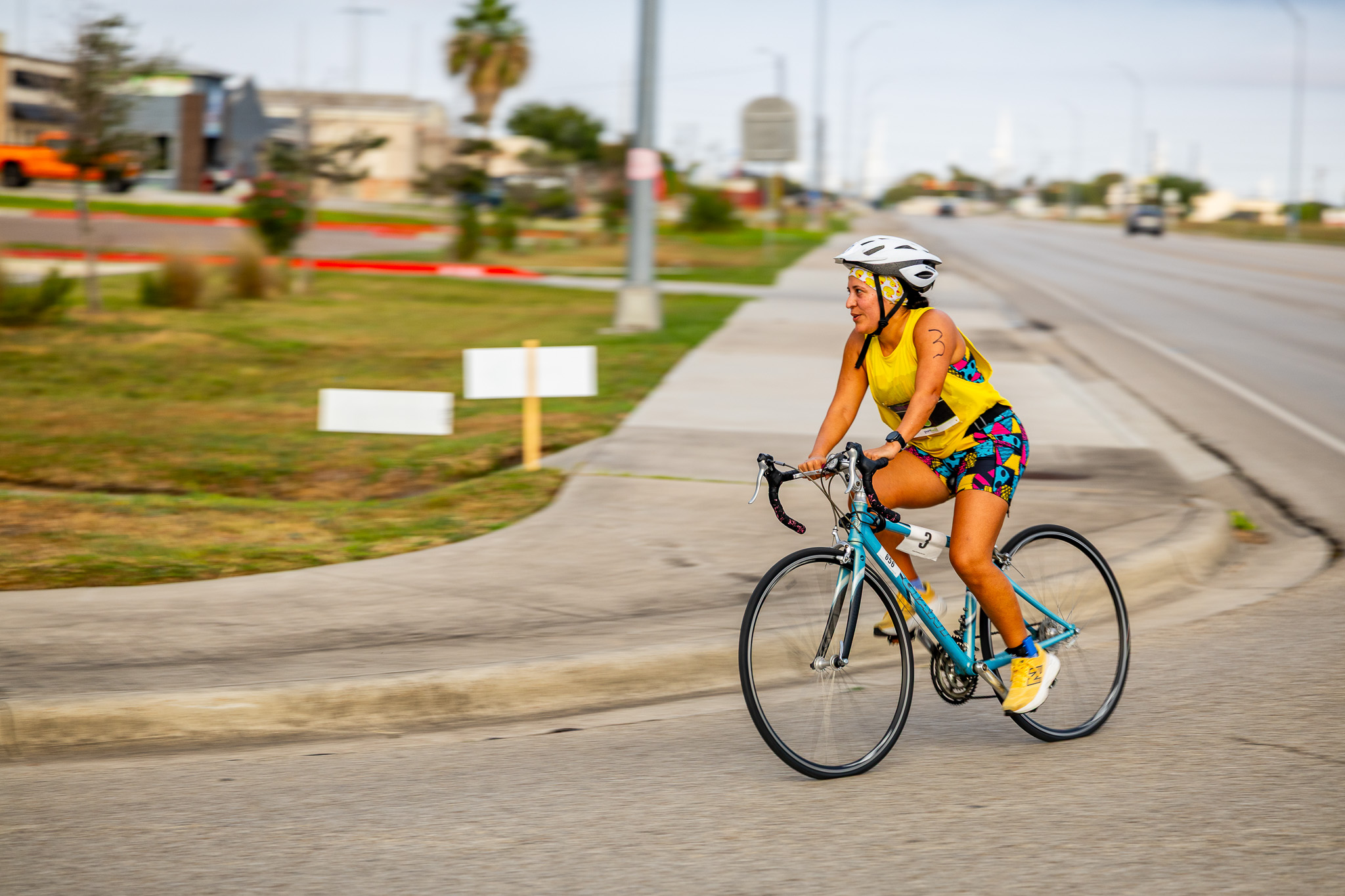 A triathlete riding the bike course